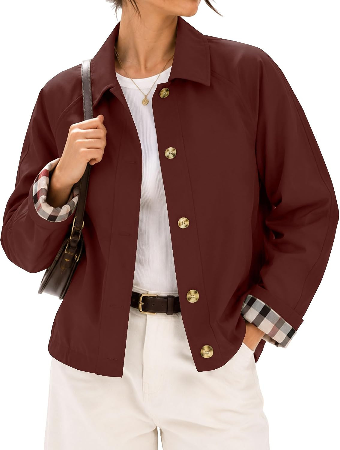 LOMON Womens Short Trench Jacket Plaid Lining Button Front Lightweight Classic Casual Outerwear with Pockets | Amazon (US)