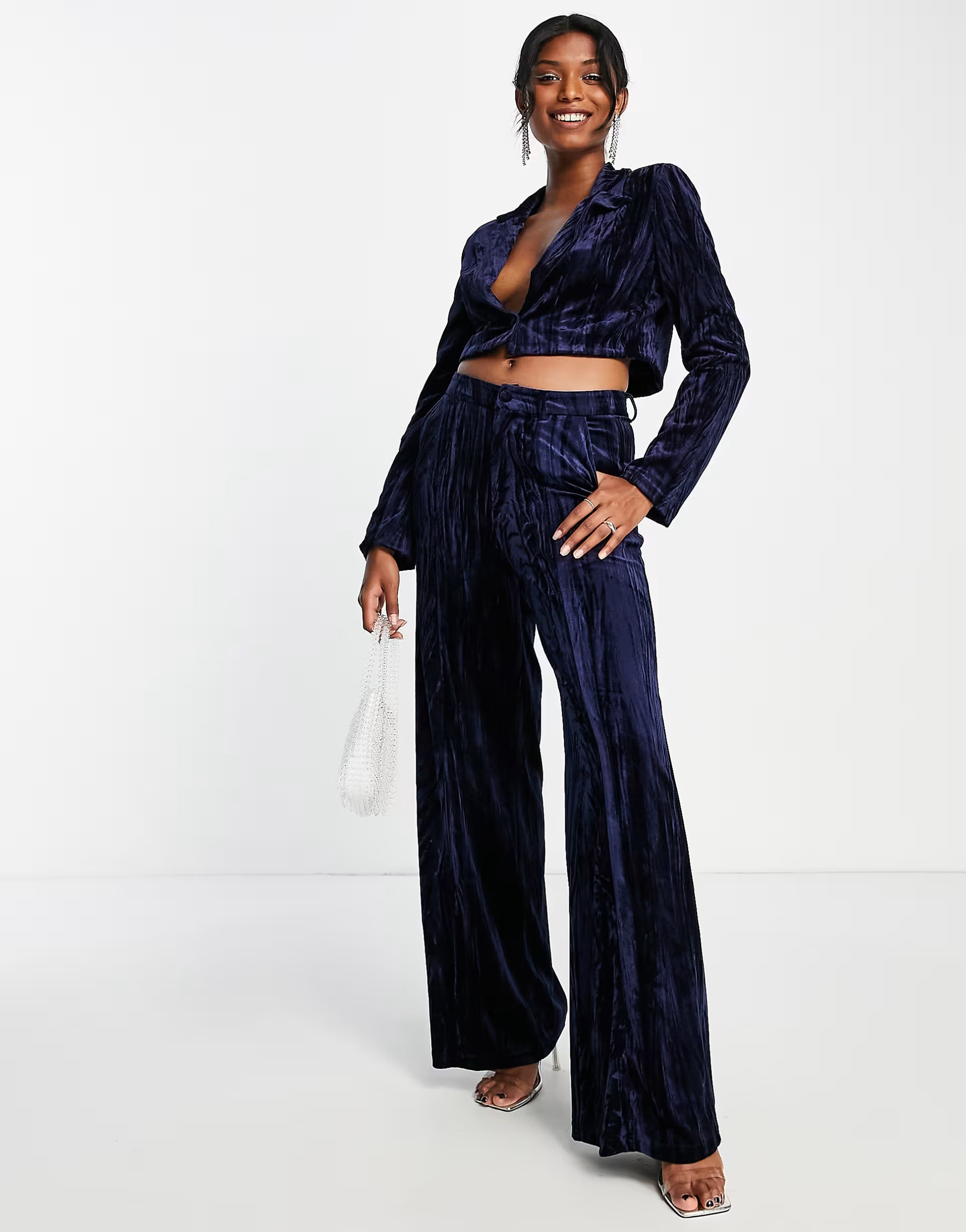 Extro & Vert boxy cropped blazer in navy sapphire velvet - part of a set | ASOS (Global)