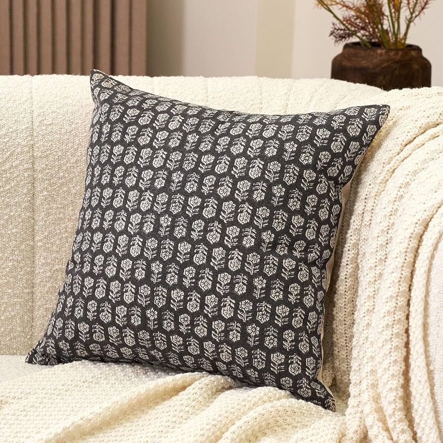 Floral Pillow Covers 18x18 Couch Pillows for Living Room Farmhouse Neutral Pillow Covers Decorative Throw Pillow Covers Accent Sofa Pillows 1PC, Black | Amazon (US)