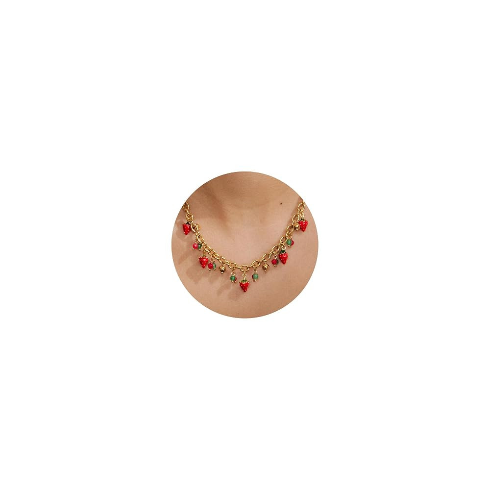 Charm Necklace for Women: Gold Chunky Paperclip Chain Fruit Jewelry with Strawberry Cherry Lemon ... | Amazon (US)