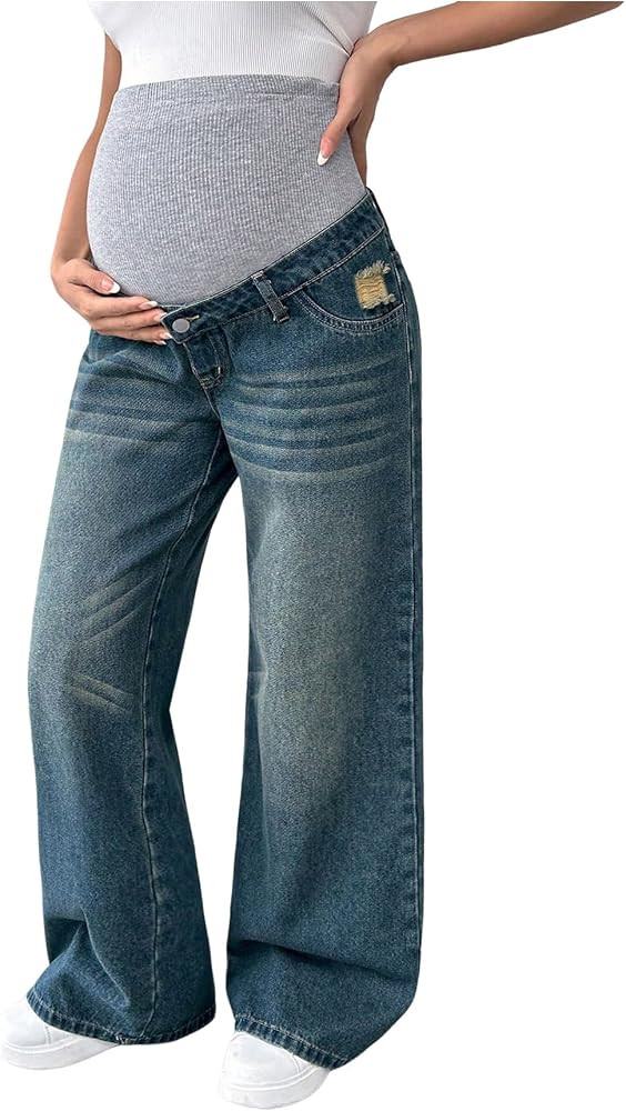 MakeMeChic Women's Maternity Bootcut Jeans Wide Leg Over The Belly Straight Pregnancy Denim Pants | Amazon (US)