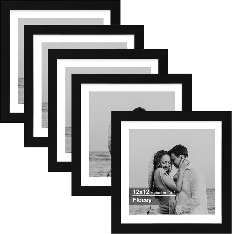 12x12 Picture Frame 5 Pack, Black Photo Frame, Display Pictures 10x10 with Mat or 12x12 without M... | Amazon (US)