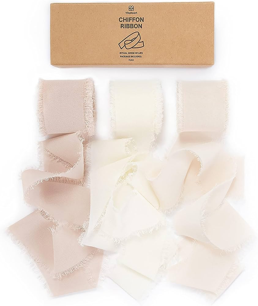 Vitalizart White Handmade Chiffon Silk Ribbon Fringe 1.5" x 21 Yd Nude & Ivory Frayed Edges Ribbo... | Amazon (US)