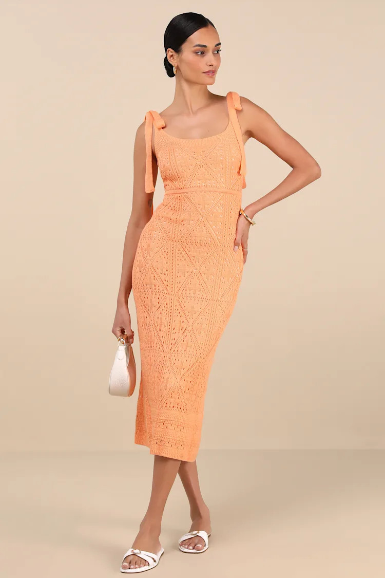 Adorable Darling Orange Crochet Tie-Strap Midi Dress | Lulus