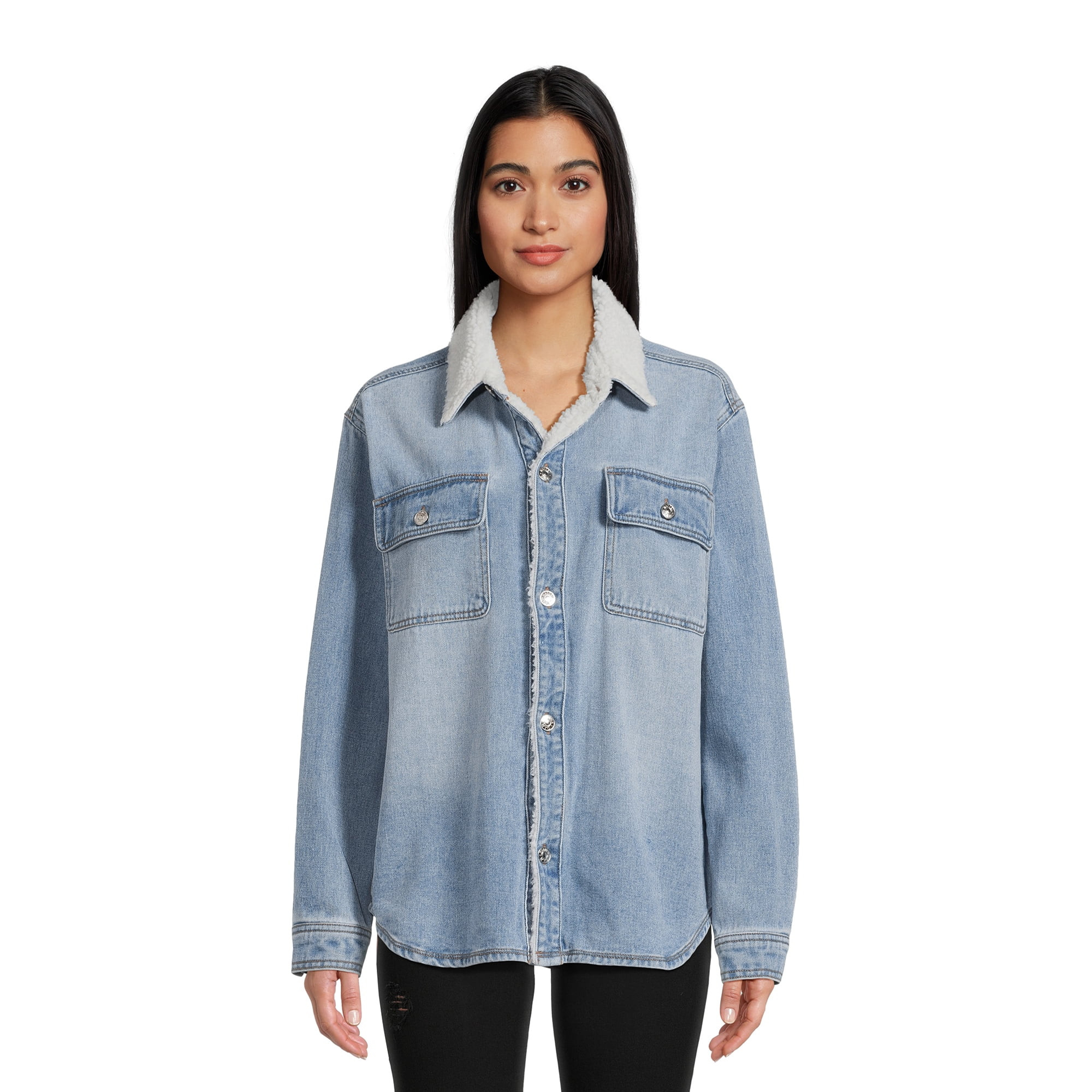 Madden NYC Juniors Faux Sherpa Denim Shirt Jacket, Sizes XS-3XL - Walmart.com | Walmart (US)