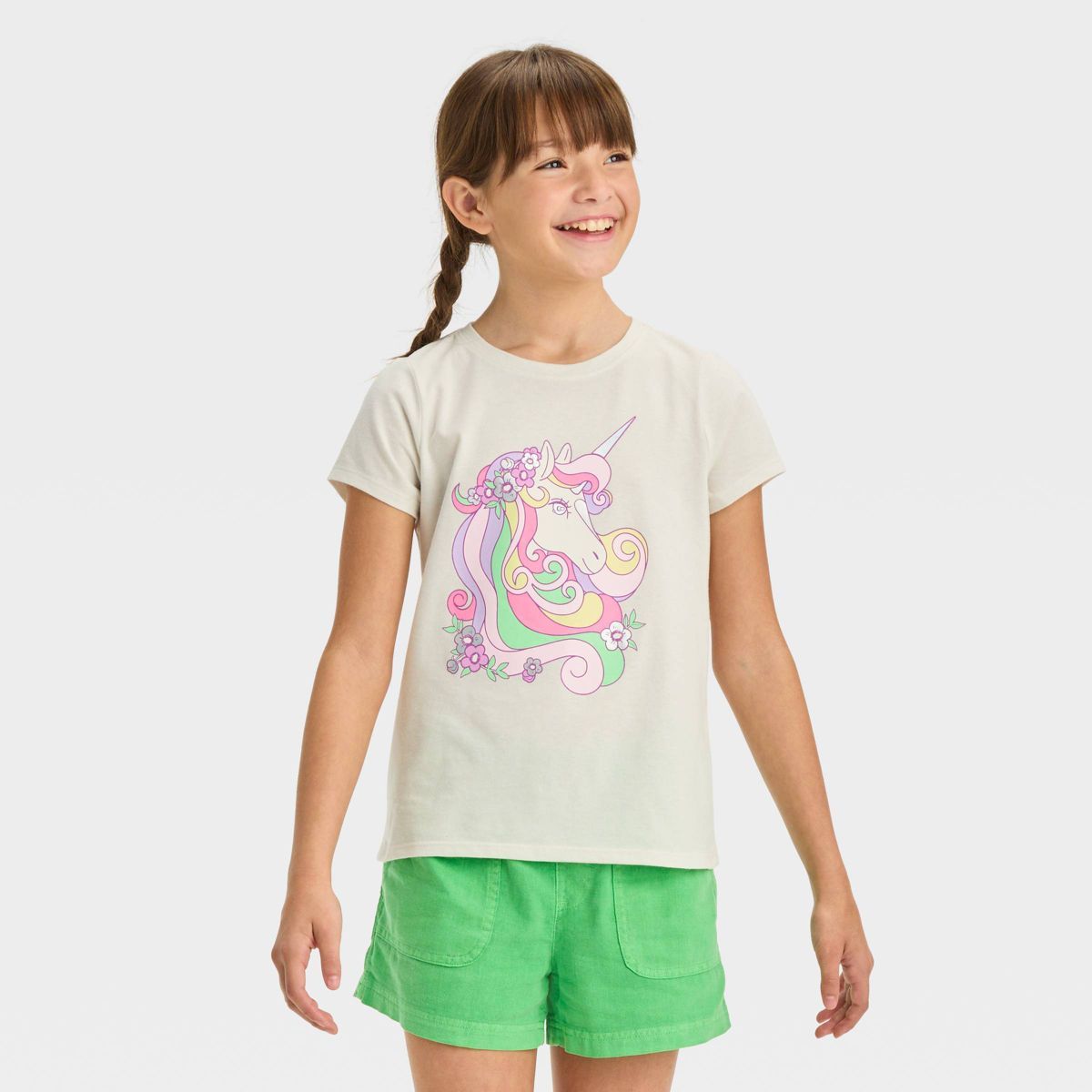 Girls' Short Sleeve 'Flower Crown Unicorn' Graphic T-Shirt - Cat & Jack™ Cream | Target
