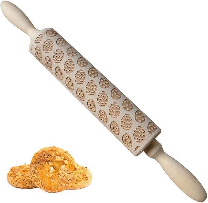 Easter Wooden Rolling Pin, 14 INCH Engraved Embossing Rolling Pin Cookies Biscuit Dough Wood Prin... | Amazon (US)