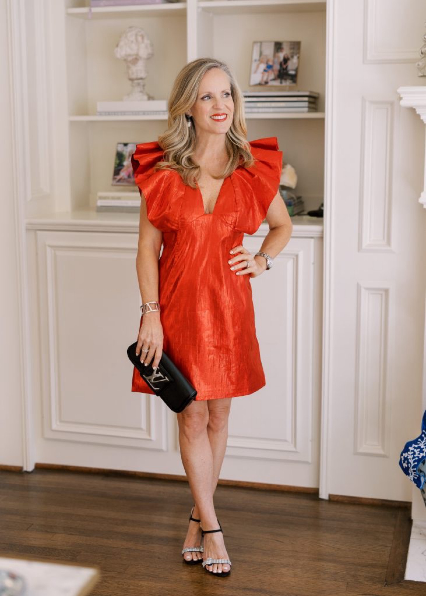 Holiday Dress

Red metallic dress with flutter sleeve detail 
Black clutch 
Black sandals with crystal straps 

#LTKHoliday #LTKStyleTip #LTKOver40