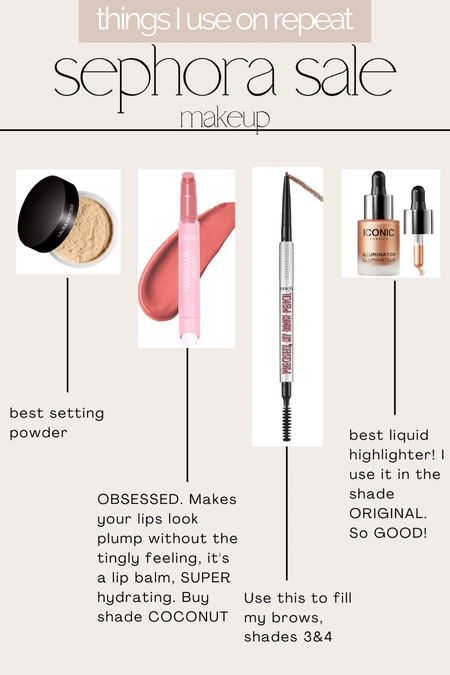 Sephora sale 
Things I use on repeat 
Lip balm 
Translucent powder 
Brow pencil 
Highlighter 



#LTKbeauty #LTKparties #LTKsalealert