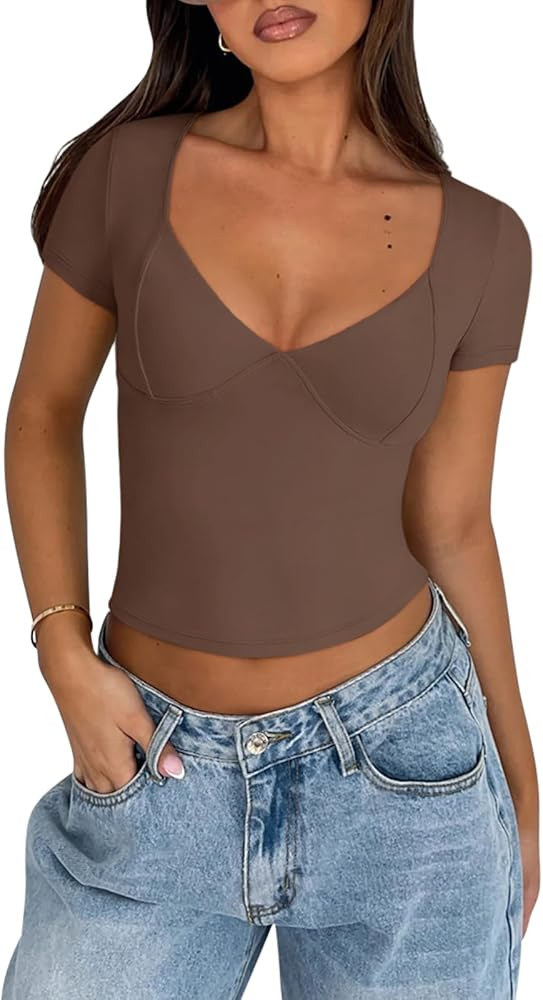 REORIA Women's Sexy V Neck Short Sleeve T-Shirt Double Lined Seamed Cup Going Out Fitted Basic To... | Amazon (US)