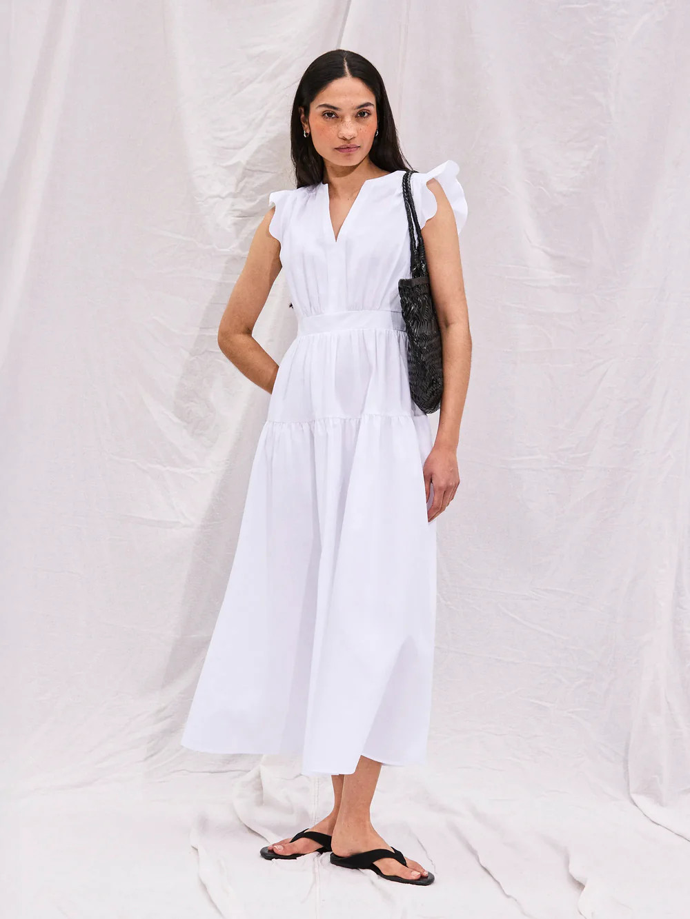 White Cotton Frill Sleeve Dress | Ro&Zo