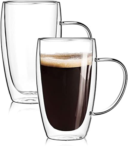 2-Pack 15 Oz Double Walled Glass Coffee Mugs with Handle,Large Insulated Layer Coffee Cups,Clear ... | Amazon (US)