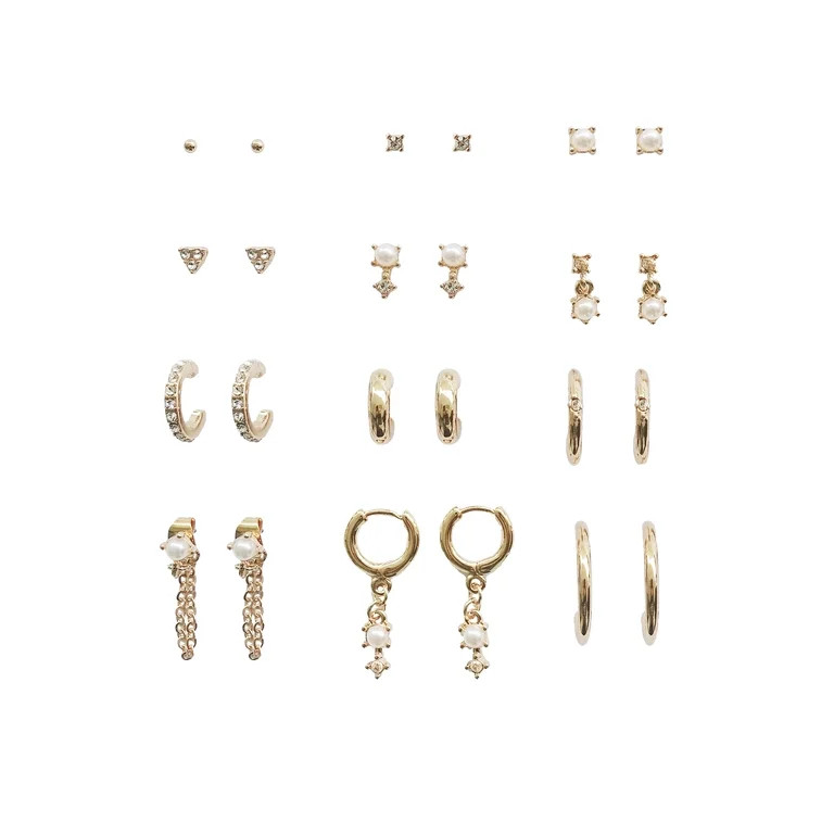 Time and Tru Women's Pearl with Glass stud and hoop Earring Set in Gold Plated | Walmart (US)