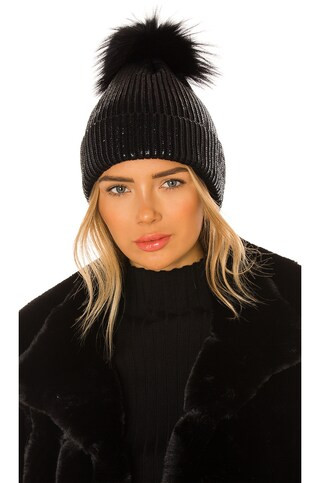 Adrienne Landau Metallic Pom Hat in Jet Black from Revolve.com | Revolve Clothing (Global)