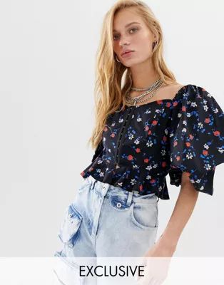 COLLUSION corset hook and eye ruffle top in floral | ASOS US