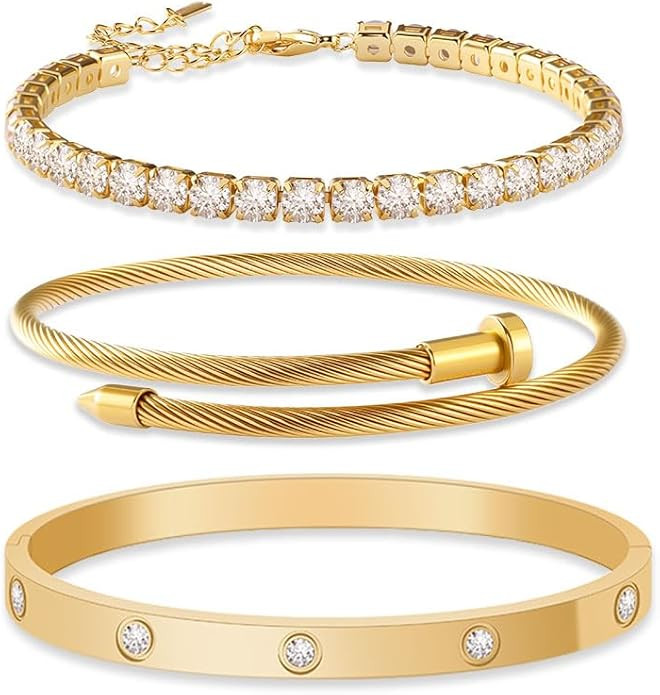 JUNVirtuous 3-Pack Gold Bracelets for Women,18K Gold Plated Bangle Tennis Bracelets Stack Set for... | Amazon (US)