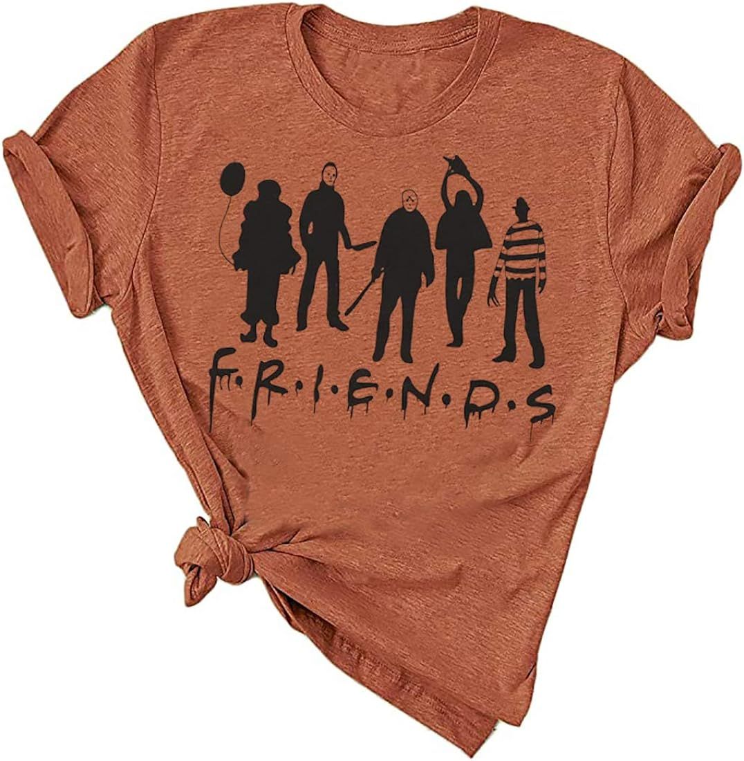 Halloween Friends Shirt Women Funny Halloween Party Shirt Horror Movies Novelty Graphic Short Sleeve | Amazon (US)