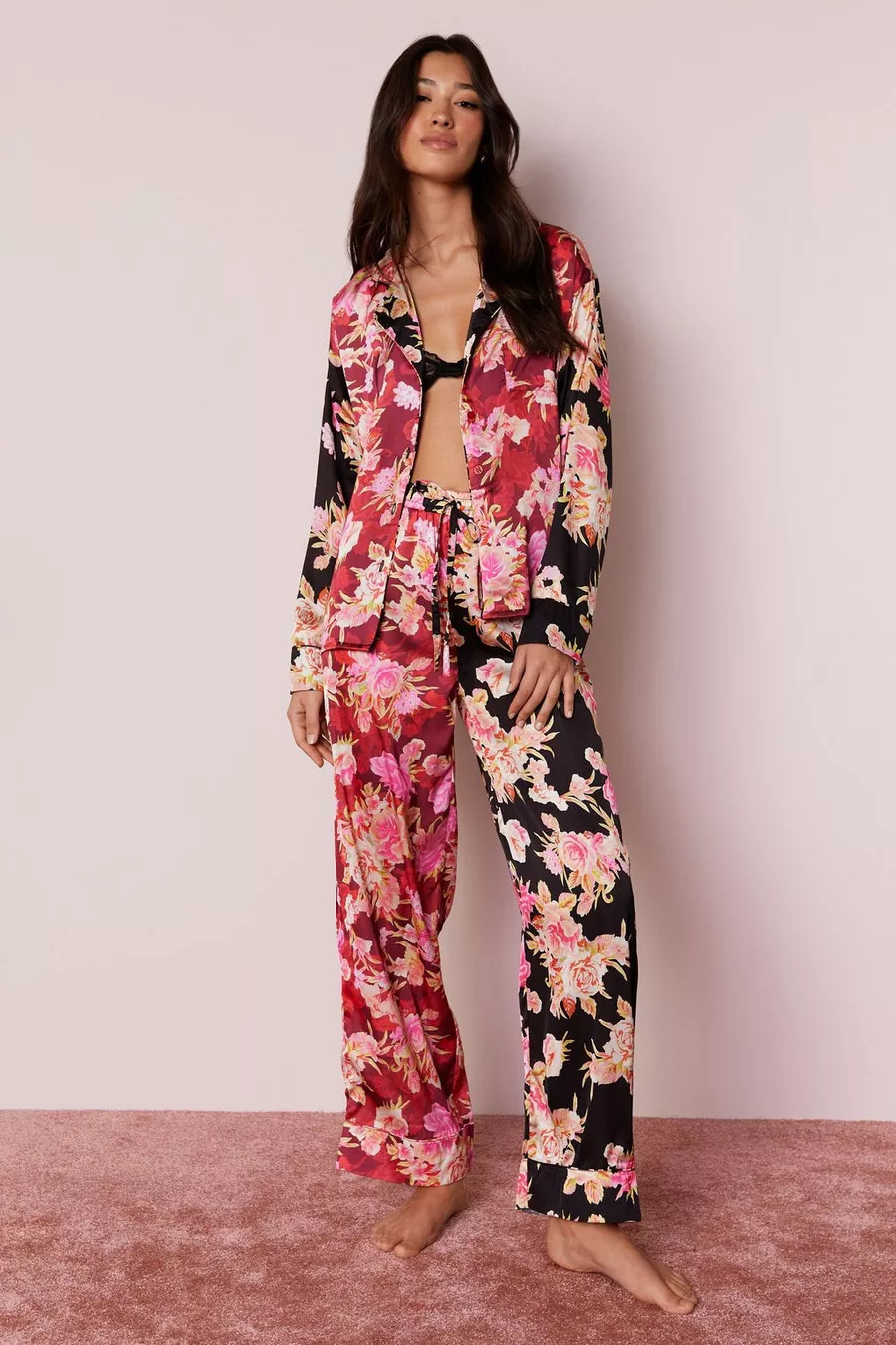 Satin Floral Color Block Pajama Pants Set | Nasty Gal US
