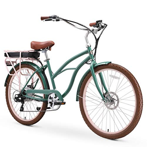sixthreezero Around the Block Women's Electric Bike, 7 Speed Beach Cruiser eBike Bicycle with Rear Rack, 500 Watt Motor, 26 Inch Wheels, Pine Melon | Amazon (US)