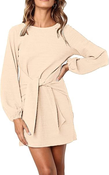 PRETTYGARDEN Women's Elegant Long Lantern Sleeve Short Dress Crewneck Tie Waist Knit Cocktail Dre... | Amazon (US)