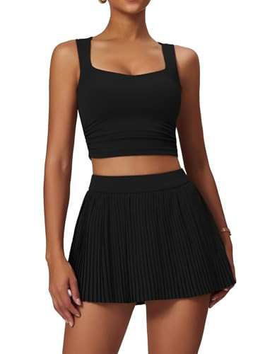 ABOCIW Tennis Skirt Sets Women 2 Piece Golf Outfits High Waisted Pleated Tennis Skirt Set Square Neck Workout Crop Tank Tops Athletic Dress for Women #2 Black Large | Amazon (US)