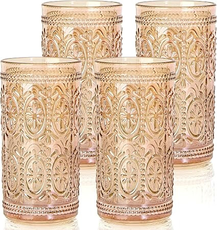 Amber Glassware set of 4 Vintage Drinking Glasses, 12oz Amber Heavy Duty Glass Cups, Old Fashione... | Amazon (US)