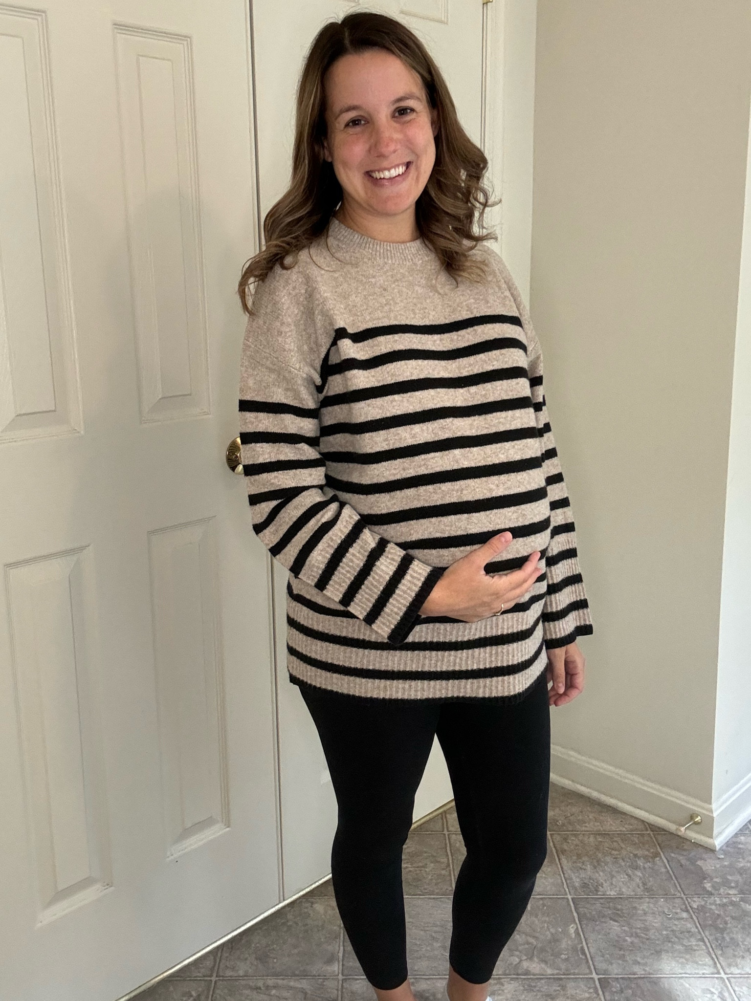 Another super comfy option from Target! Comfy enough to lounge at home in, dressy enough to wear out! *NOT a maternity style, but I’m wearing a Medium comfortably at 29 weeks pregnant- lots of room & stretch! Size down for a more fitted look*