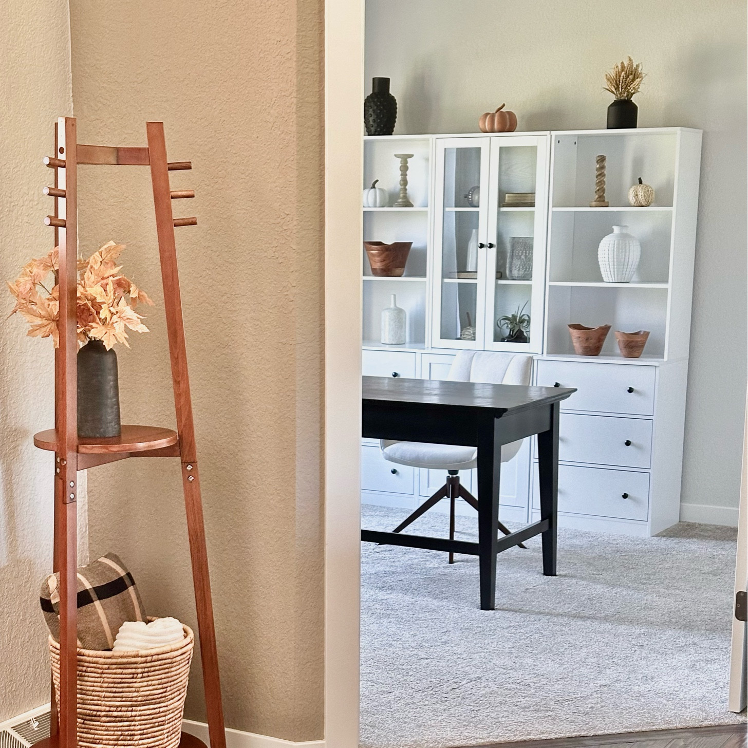 Phase one of our office transformation adding this wall shelving unit. It added so much more character to the room and I love decorating the shelves. With some simple fall sprinkled in. This shelving is versatile for you to be able to choose pieces for the size room you have! 

#LTKHome #LTKSeasonal