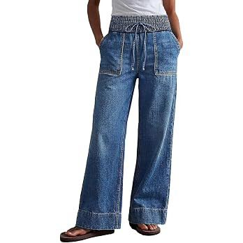 Flamingals Straight Leg High Rise Jeans Wash Drawstring Shirred Loose Fit Casual Denim Jeans with... | Amazon (US)