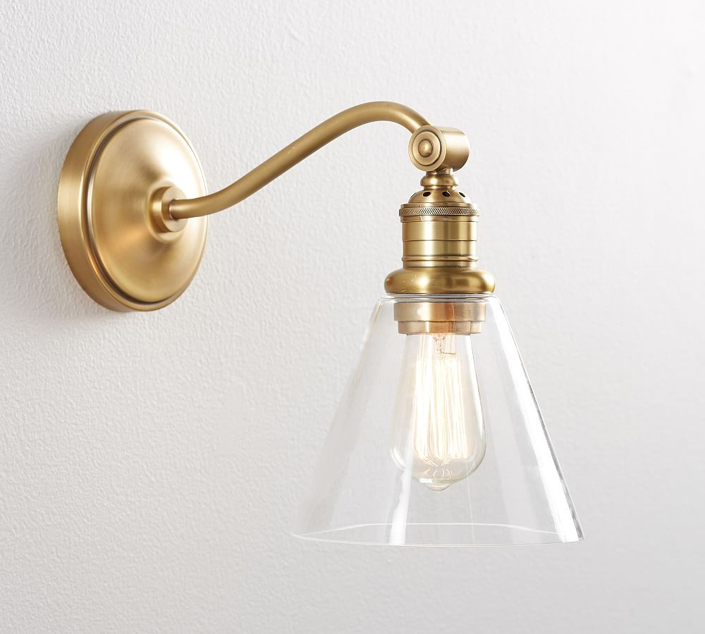 Custom Flared Glass Hood & Brass Curved Arm Sconce, Clear | Pottery Barn (US)