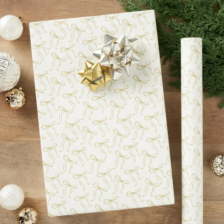 White and Gold Bows Premium Heavyweight Christmas Wrapping Paper, 50 sq ft, by My Texas House | Walmart (US)