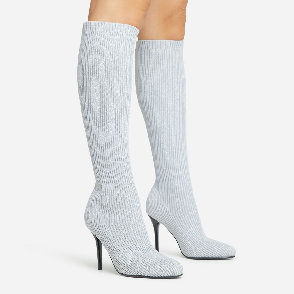 Isabelle Stiletto Heel Knee High Long Sock Boot In Silver Metallic Knit | EGO Shoes (US & Canada)