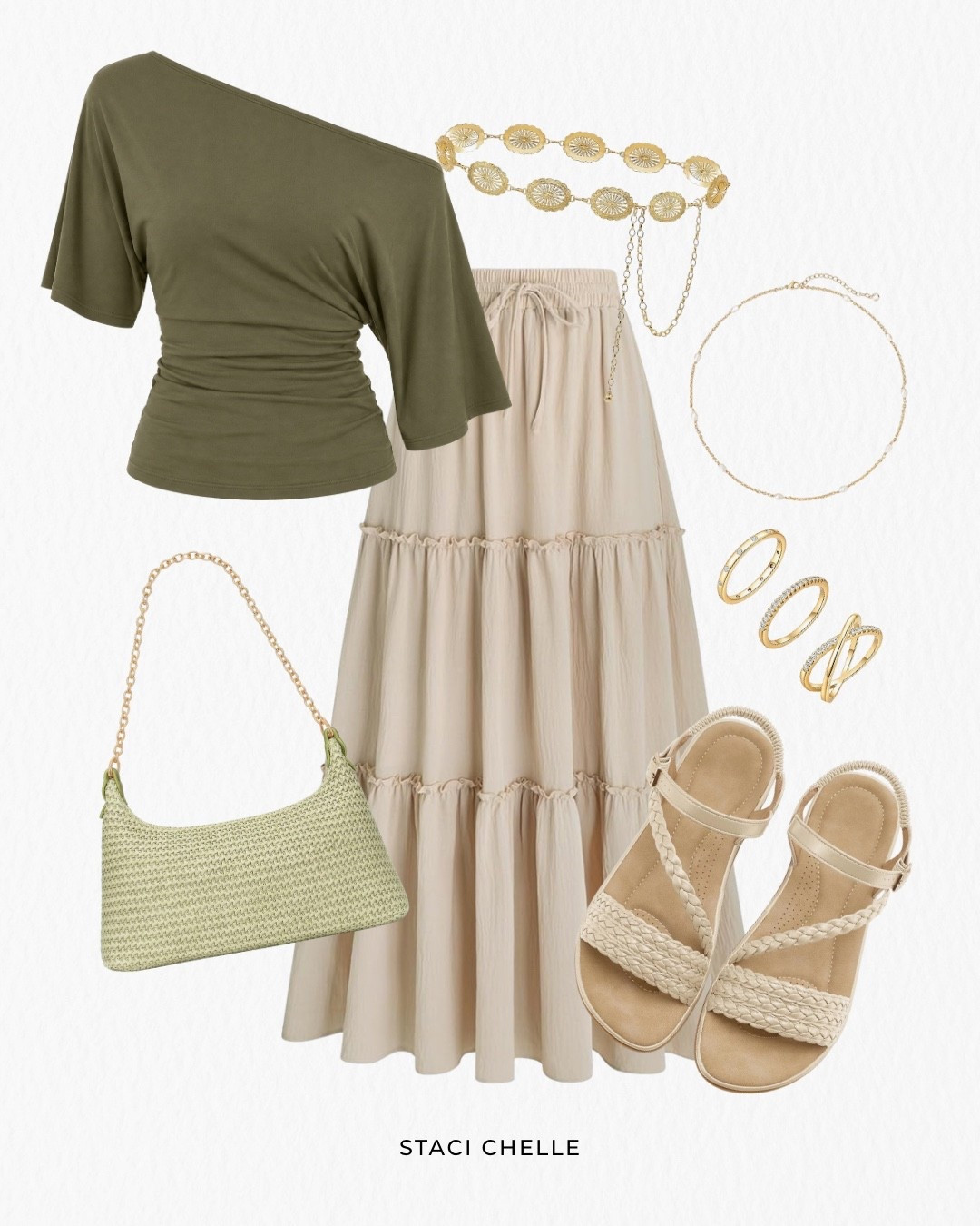 An easy neutral outfit featuring an olive top, flowy maxi skirt, braided sandals, woven bag, and simple gold accessories for an effortlessly chic summer look.

#LTKootd #LTKPetite