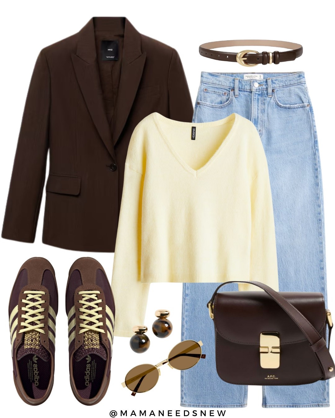 A casual spring outfit with a brown blazer, butter yellow knit sweater, jeans, sneakers & crossbody / shoulder bag 💛

#LTKStyleTip #LTKSaleAlert #LTKSpringSale