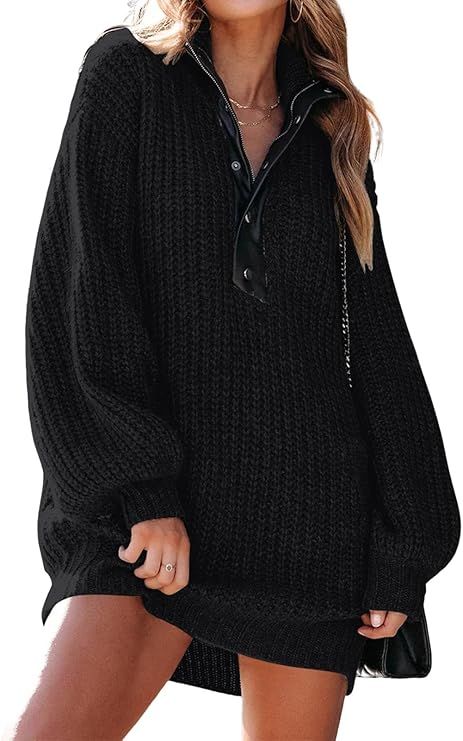 VNIRA Women’s Turtle Neck Knit Sweater Dress Winter Long Lantern Sleeve Loose Fit Hoodie Sweats... | Amazon (US)