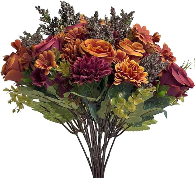 Artificial Fake Mums Flowers for Outdoors Decoration - 3 Bundles Faux Fall Chrysanthemum Rose Dai... | Amazon (US)