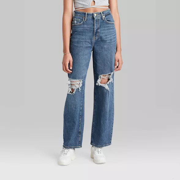 Women's Super-High Rise Distressed Baggy Jeans - Wild Fable™ Medium Blue | Target