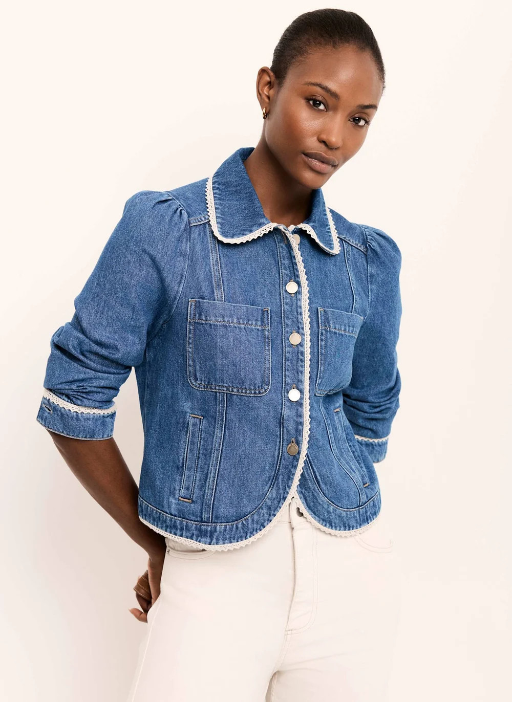 Mid Indigo Crochet Trim Denim Jacket | Mint Velvet
