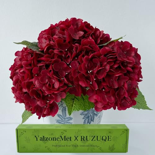 YalzoneMet Burgundy Artificial Hydrangea Flower 3 Pcs 21'' Lifelike Real Touch Latex Hydrangea Re... | Amazon (US)