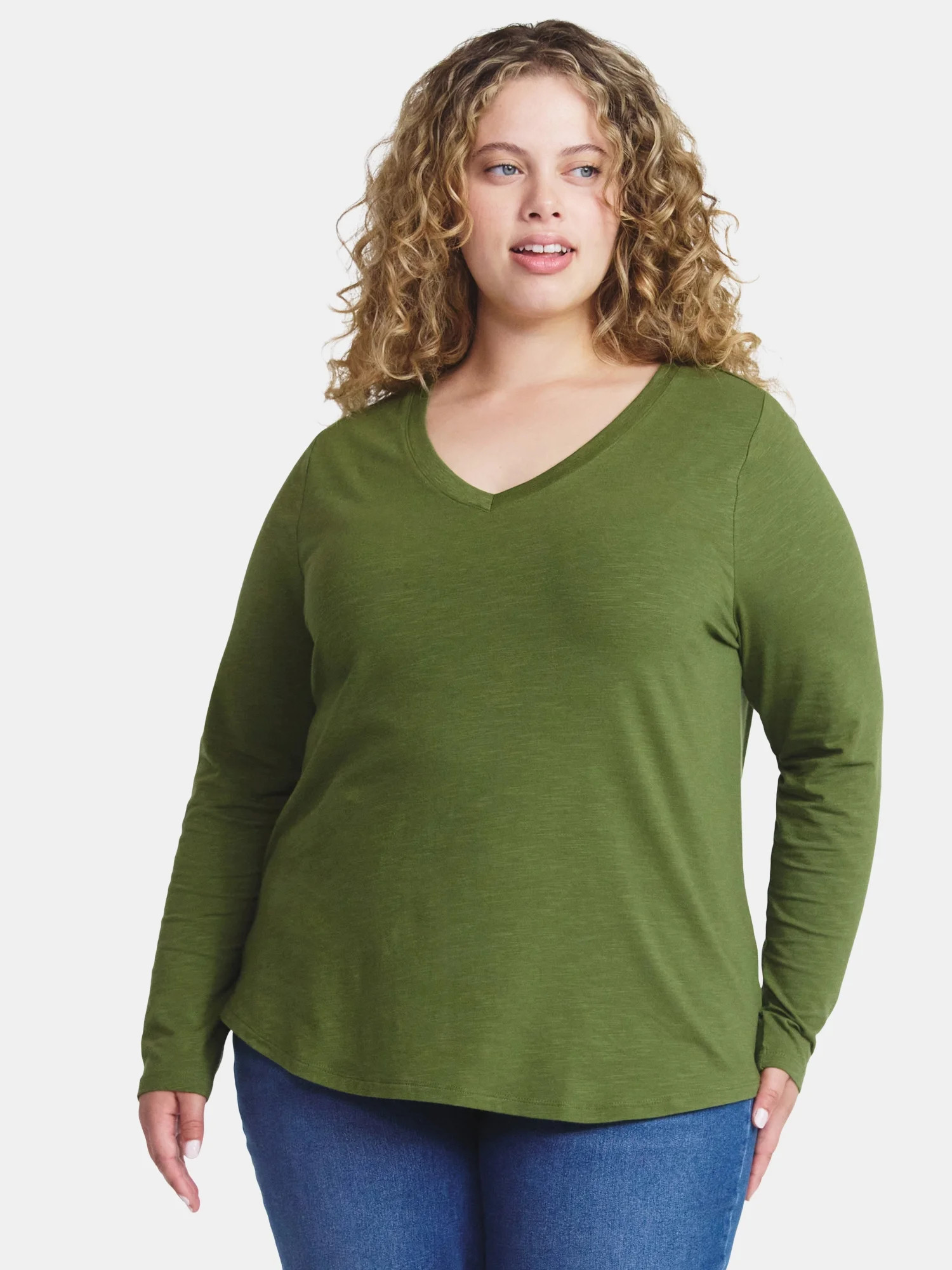 Terra & Sky Women's Plus Size V-Neck Tee with Long Sleeves, Sizes 0X-5X | Walmart (US)