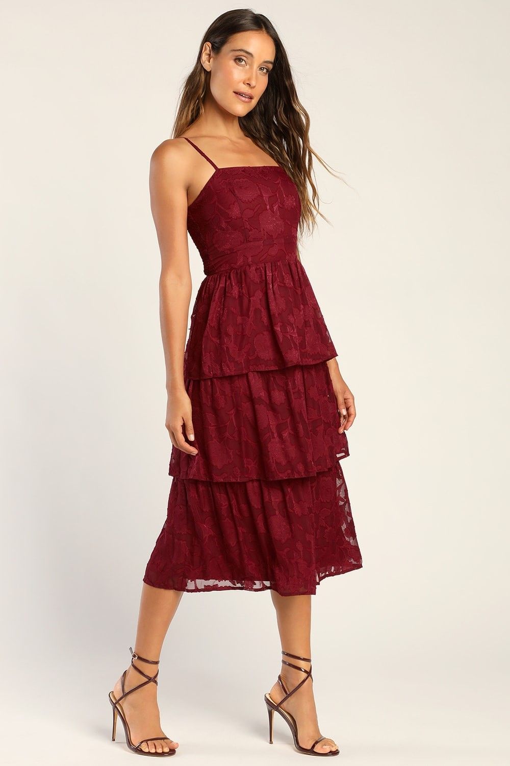 Grace and Beauty Burgundy Burnout Floral Print Tiered Dress | Lulus (US)