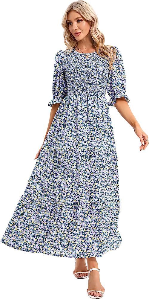 Womens Summer Casual Half Sleeve Bohemian Floral Tiered Maxi Dress | Amazon (US)