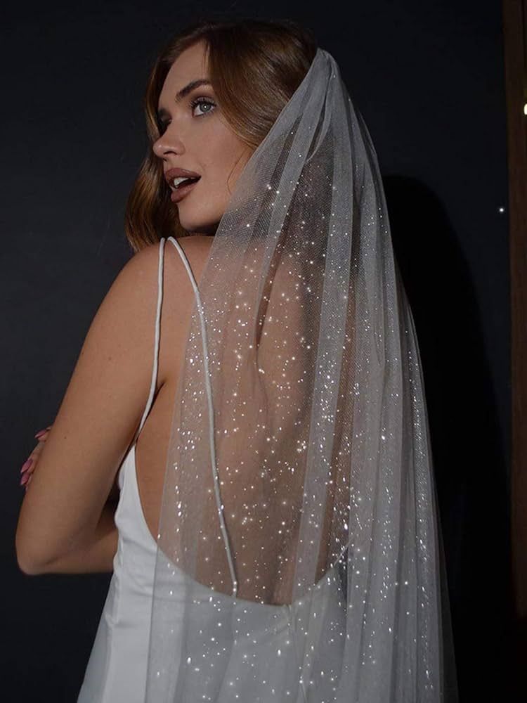 Unsutuo 1 Tier Glitter Bride Wedding Veil Fingertip Bachelorette Party Veil Sparking Bridal Veil ... | Amazon (US)