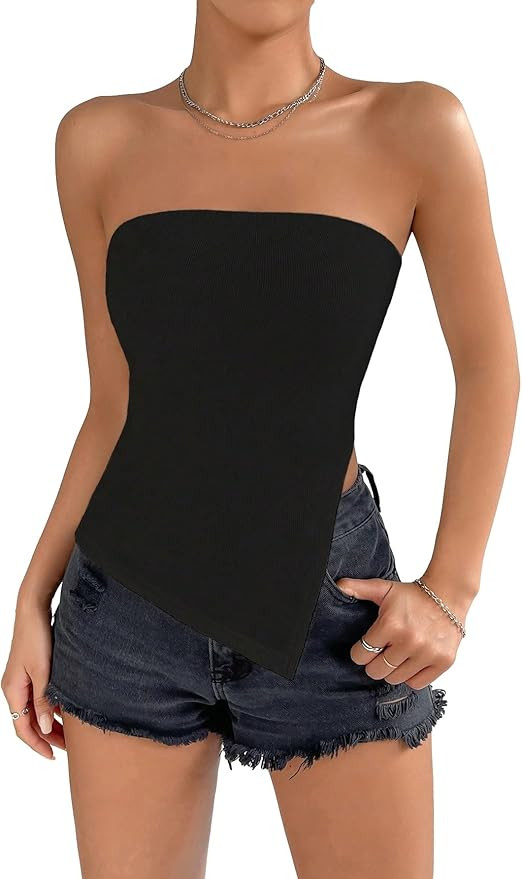 MakeMeChic Women's Asymmetrical Hem Split Tube Top Sleeveless Strapless Ribbed Tank Top | Amazon (US)