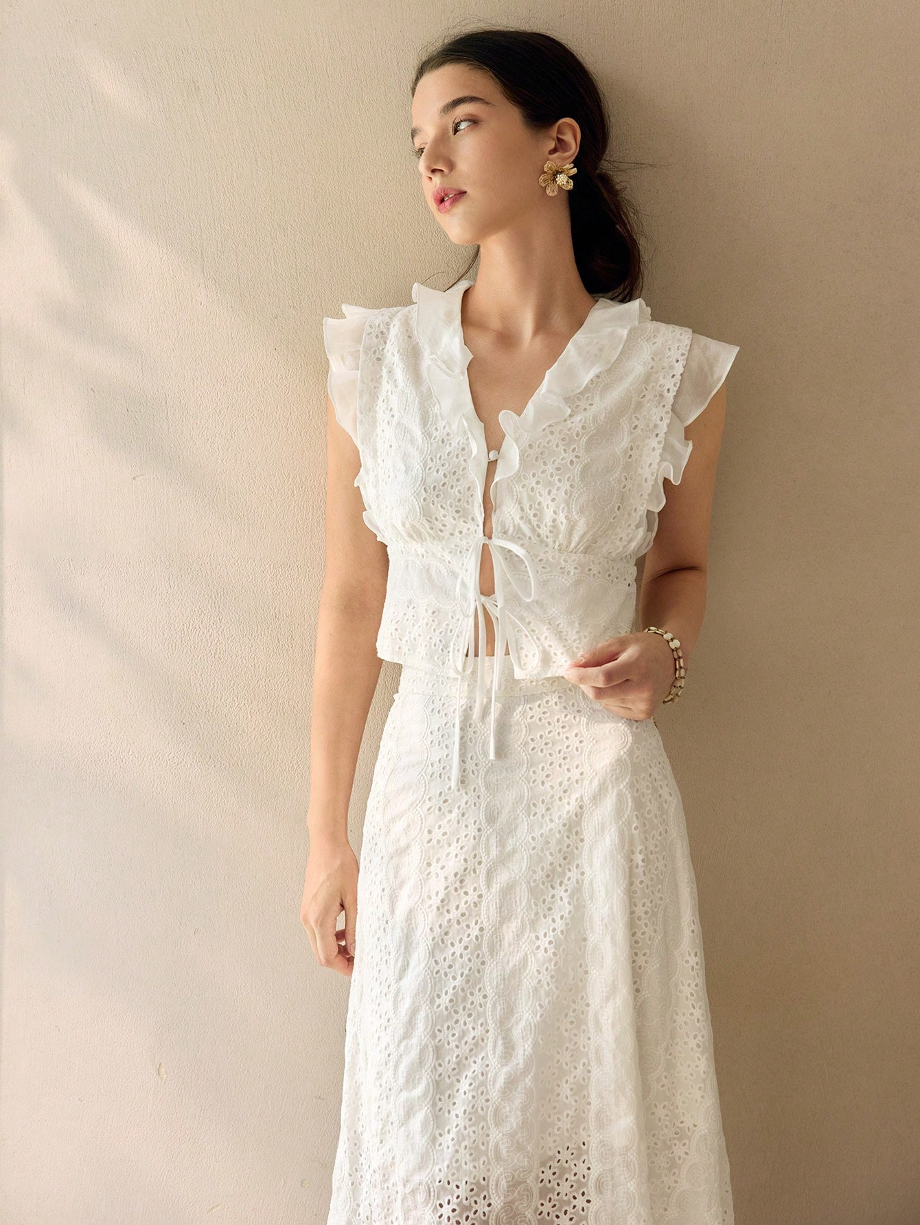 MOTF PREMIUM SCHIFFY SOLID RUFFLE TRIM TIE FRONT TOP | SHEIN USA | SHEIN