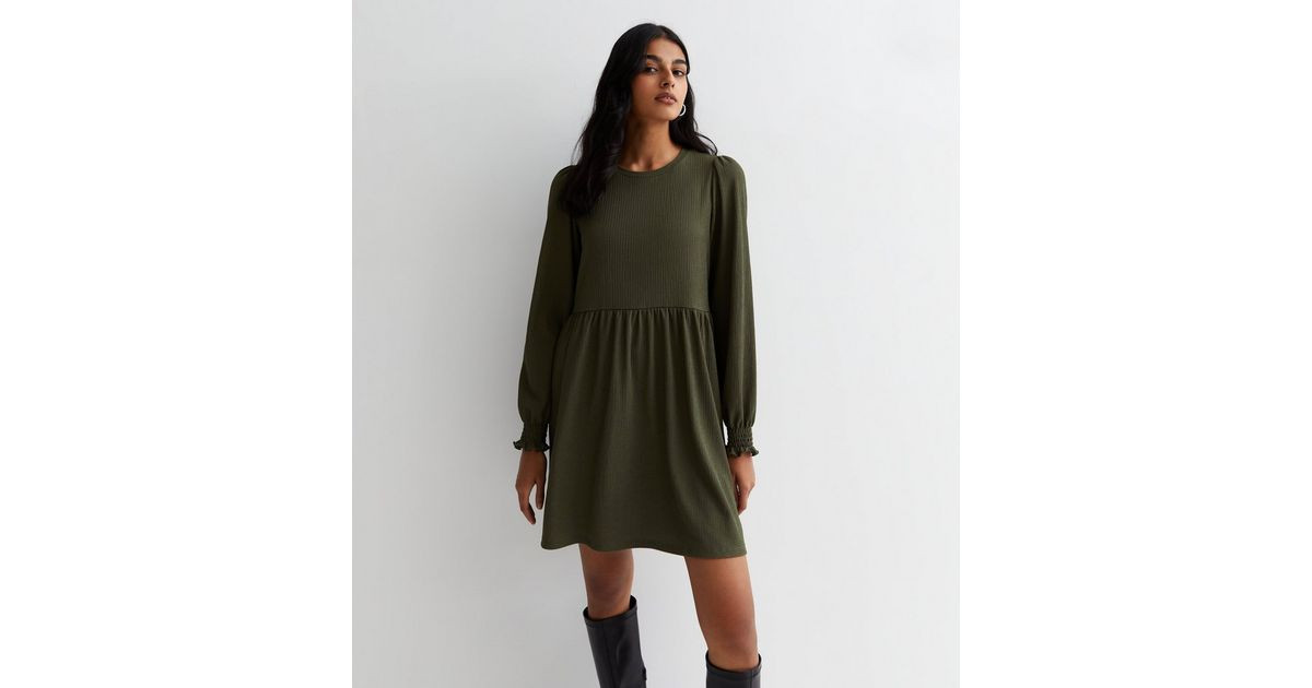 Khaki Crinkle Long Sleeve Smock Mini Dress
						
						Add to Saved Items
						Remove from Save... | New Look (UK)