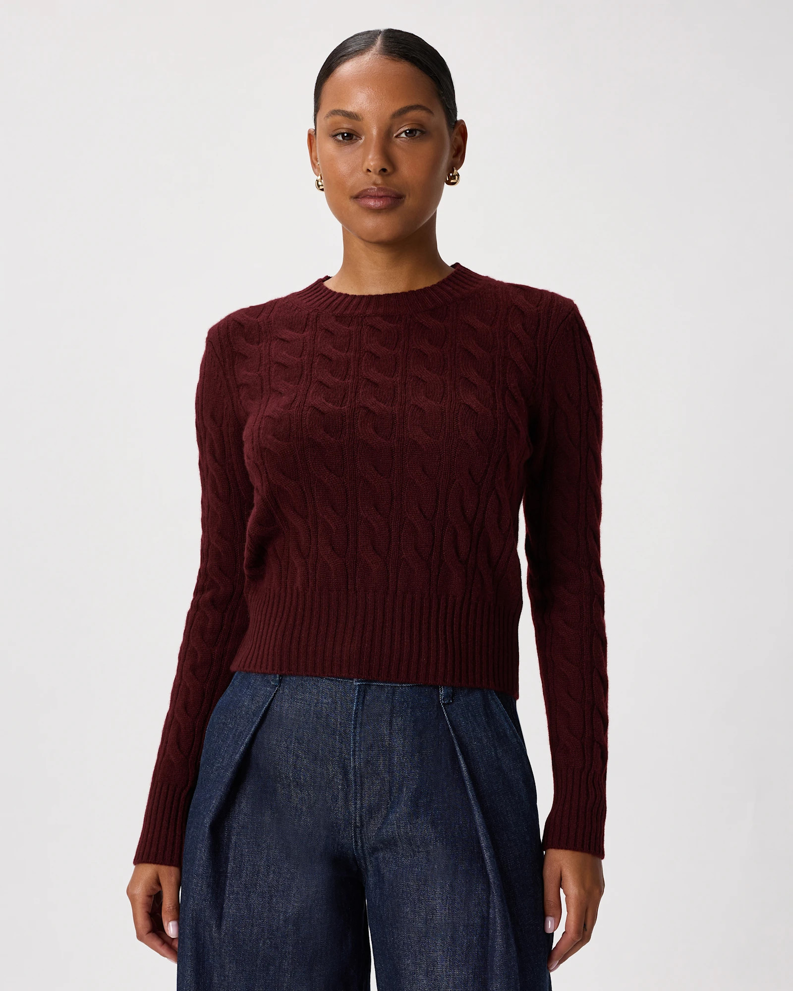 Quince | Women's Mongolian Cashmere Shrunken Cable Crewneck Sweater in Charcoal, Size XL | Quince