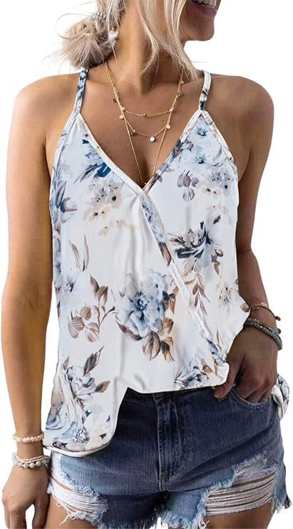 AlvaQ Women Summer V Neck Boho Floral Print Tank Tops Casual Sleeveless Shirts Camis | Amazon (US)