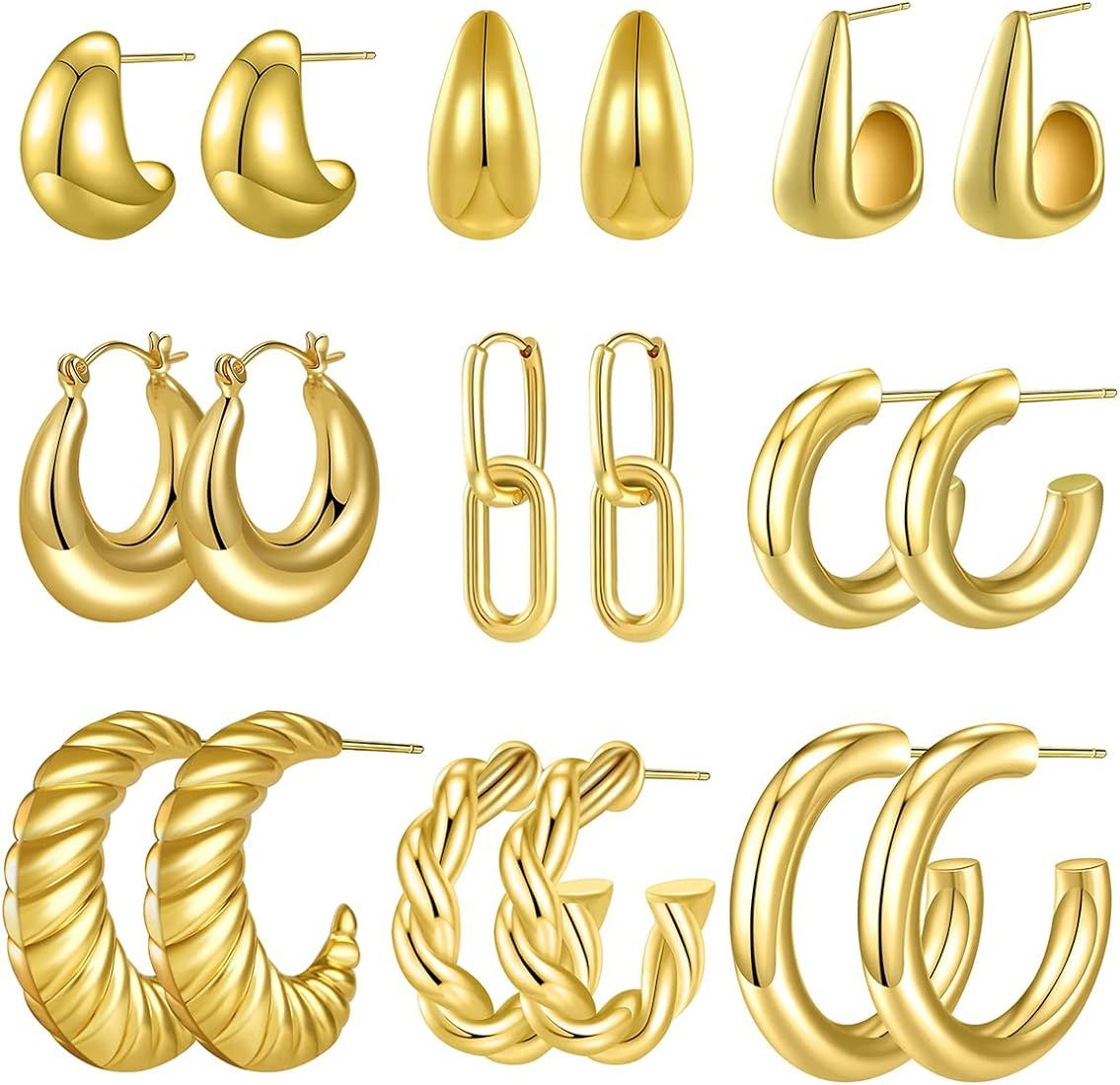 9 Pairs Chunky Gold Silver Hoop Earrings Set for Women Girls 14K Gold Plated Hypoallergenic Twist... | Amazon (US)