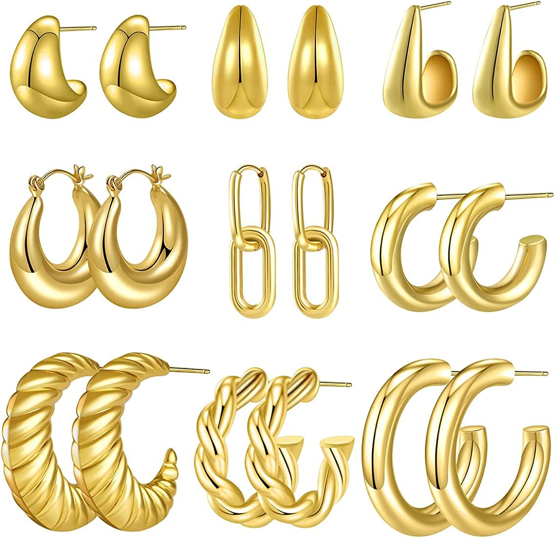9 Pairs Chunky Gold Silver Hoop Earrings Set for Women Girls 14K Gold Plated Hypoallergenic Twist... | Amazon (US)